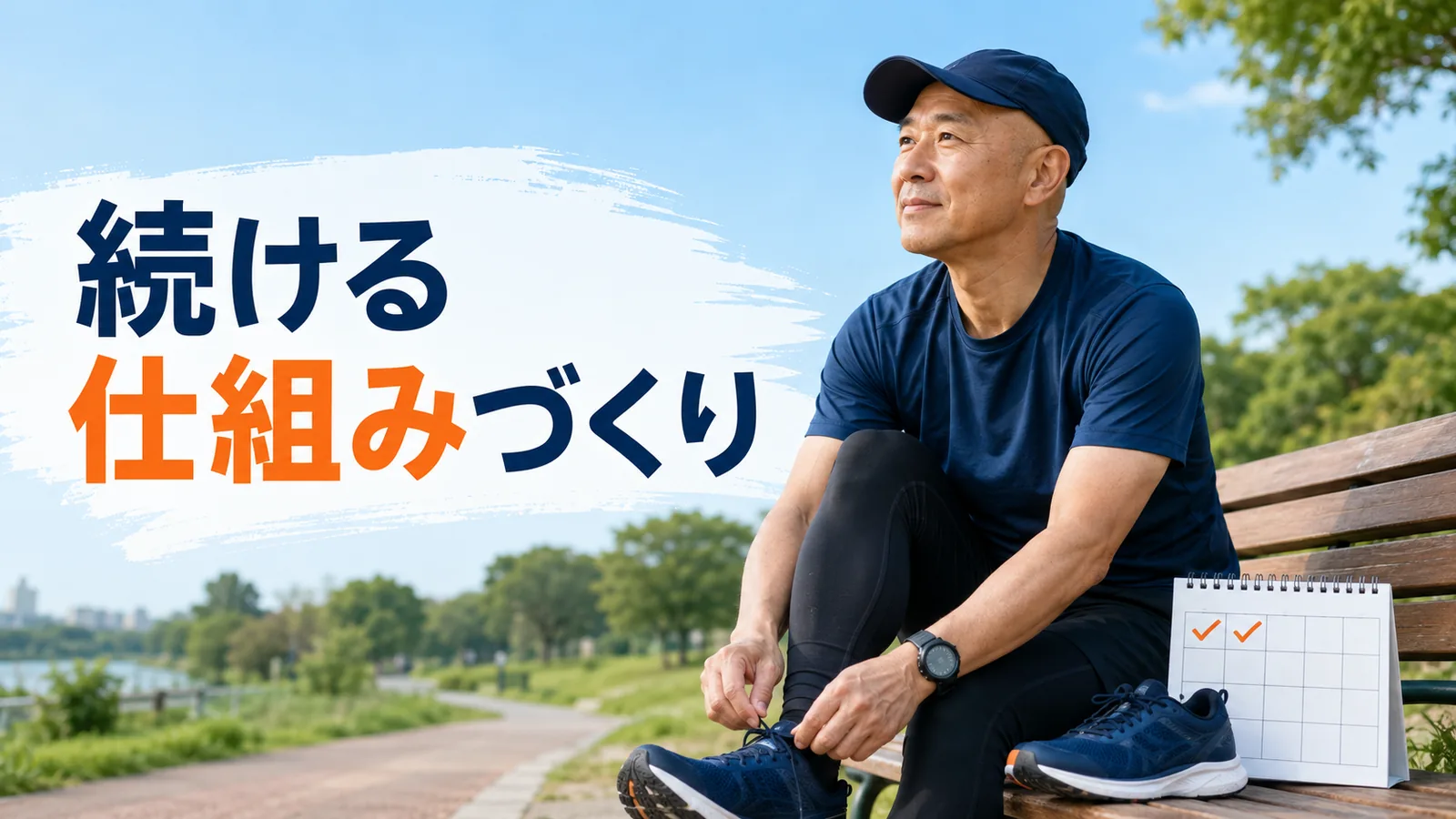 ランニングの準備をする50代男性と続ける仕組みづくりの文字