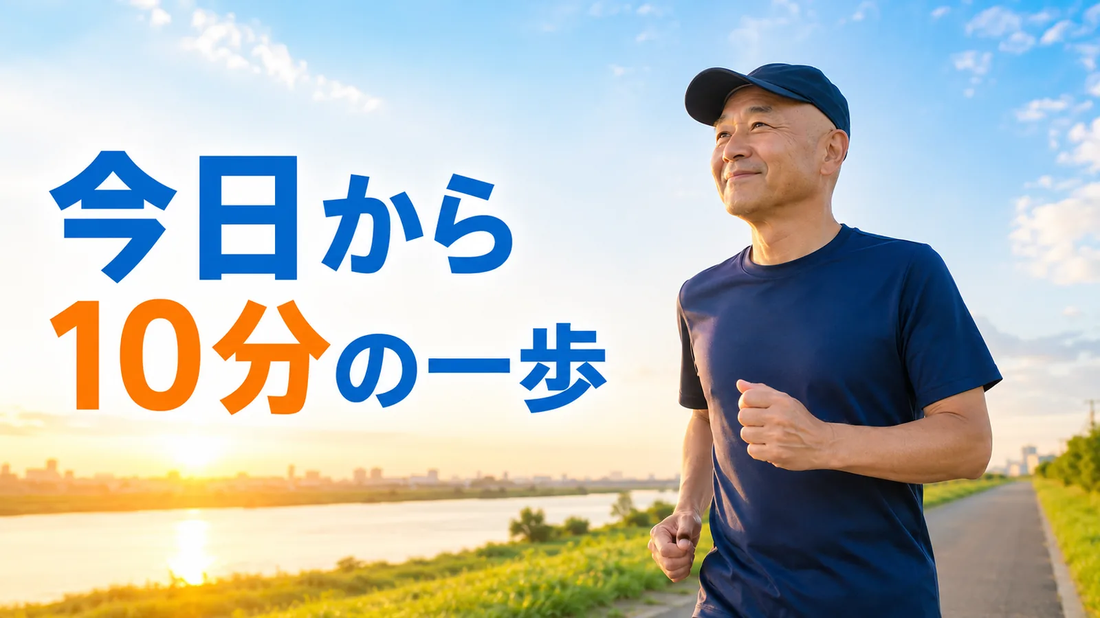 朝日の中を走り始める帽子姿の50代男性と今日から10分の一歩の文字