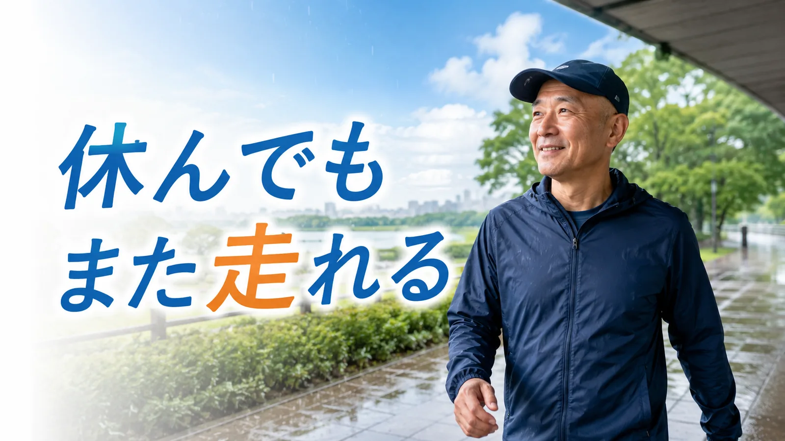 雨の日に無理せず歩く帽子姿の50代男性と休んでもまた走れるの文字